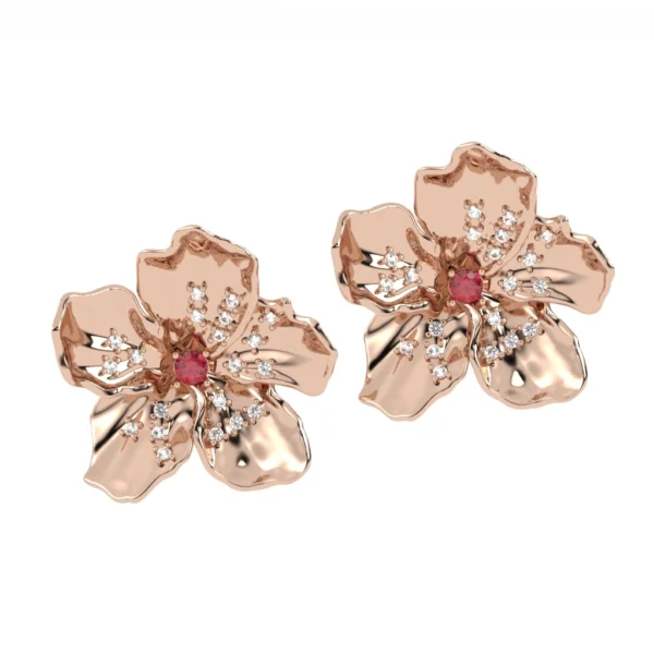 BRINCO FLOR DE CEREJEIRA COM RUBI OURO ROSÉ