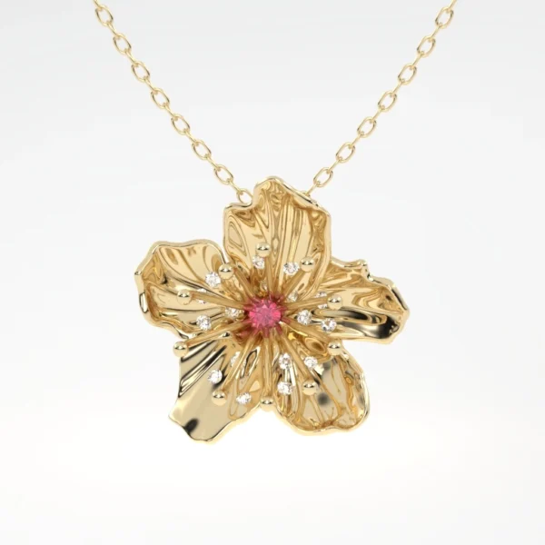 COLAR FLOR DE CEREJEIRA COM RUBI OURO AMARELO